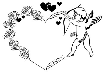 Black and white heart-shaped Valentine frame with cupid.