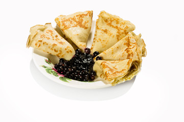 Good breakfast with pancakes. Baked pancakes with homemade jam.