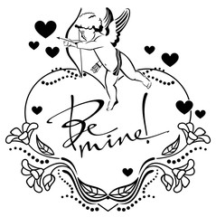 Black and white heart-shaped label with cupid and  written text:
