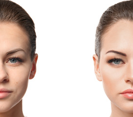 Woman face before and after professional makeup application, white background. Beauty concept