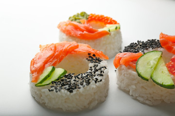 Sushi doughnuts on white background