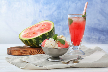 Ice-cream with watermelon and cocktail on light background