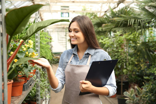 Pretty young florist with clipboard in greenhouse