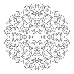 Round ornament for coloring books. Black, white pattern. Lace, snowflake