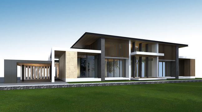3D rendering of tropical house with clipping path.