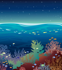 Fototapeta na wymiar Coral reef with fish and night sky.