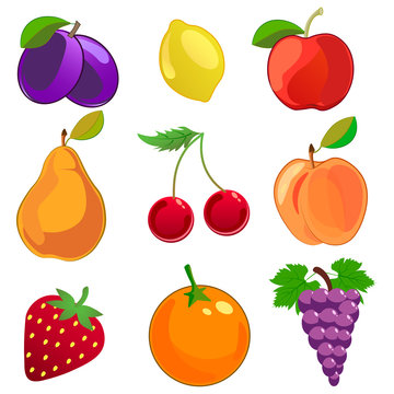 Cartoon fruits vector icons set. Apple, lemon, peach, pear, apricot ,cherry,grapes, strawberry, plum illustration