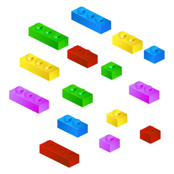 Construction plastic toy cubes. Connector bricks. 3D isometric set. Game block. Vector illustration