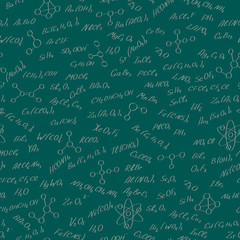 Seamless pattern on the theme of the subject of chemistry, hand-written formulas of substances, and images of molecules on a green  background