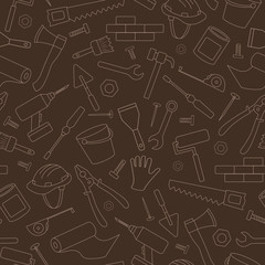 Seamless background on the topic of construction and repair, construction equipment, simple contour icons, light contour on brown background