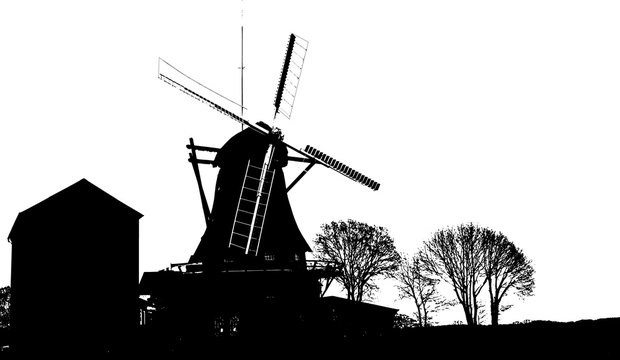 Realistic silhouettes of windmills isolated on white 