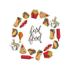 Fast food menu. Set of icons on the vector background.
