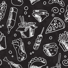Fast food menu. Set of icons on the seamless pattern.