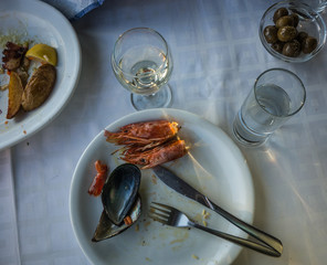 Empty plates with remnants of food after lunch