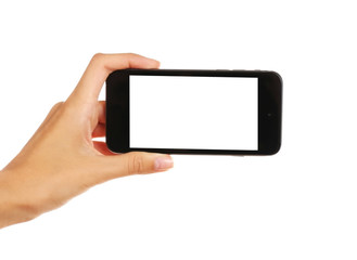 Female hand holding cellphone, isolated on white