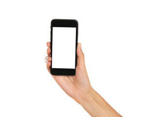 Fototapeta na wymiar Female hand holding cellphone, isolated on white