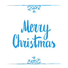 Merry christmas. Calligraphy clip-art, illustration. Suitable for poster or web banner. Isolated on white, template with blue snow borders and snowflakes