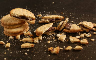 Tasty cookies with crumbs on dark background