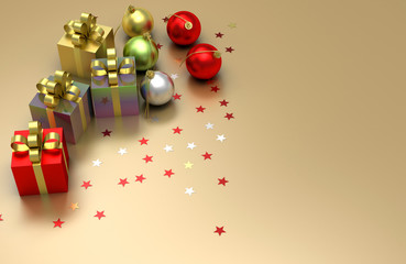Christmas gift boxes and color balls with copy space, 3d illustration.