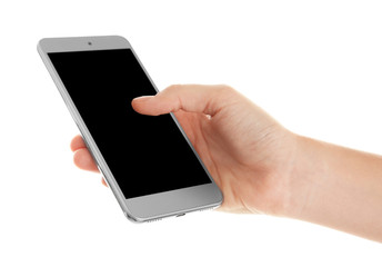 Hand holding cellphone on white background