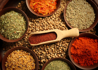 Scoop and bowls with different spices, closeup