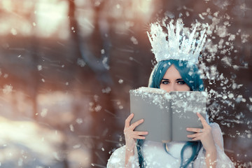 Snow Queen Reading Spell Book in Winter Fantasy