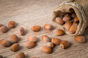 Nuts in the burlap bag. Healthy eating and lifestyle.