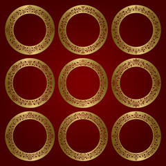 Golden round frames set of floral ornament borders.
