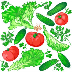 Seamless pattern of fresh vegetables for the salad of cucumbers,