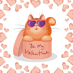 Valentines day greeting card. Funny cat sitting in a gift box with the inscription - Be My Valentine