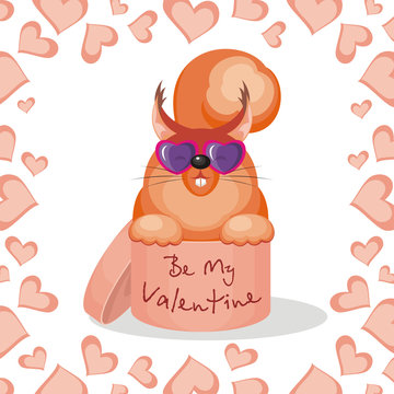 Valentines day greeting card. Funny squirrel sitting in a gift box with the inscription - Be My Valentine