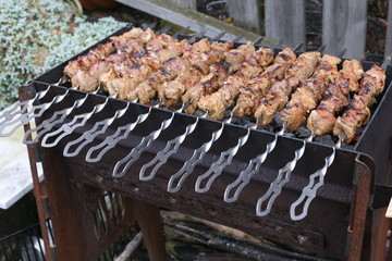 Meat is grilled / Schaschlik / Barbecue cooking