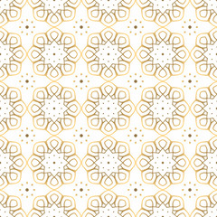 Seamless pattern of gold arabesques on a white background. Rosette serial rhythmic pattern.