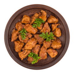 Stew in a brown plate. (Goulash) isolated on white background.