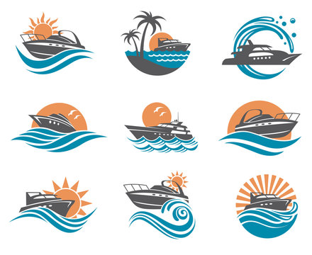 collection of speedboat and yacht icons on waves
