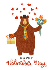 Isolated Hand-drawn cartoon bear wearing a sweater and a hat with a gift and a flowers in his paws. Happy Valentines Day greeting card design. Vector illustration.