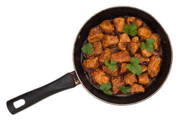 Stew meat in the pan. (Goulash) isolated on white background.