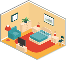 Bedroom design with furniture and TV in retro colors. Isometric interior. Vector 3D illustration.