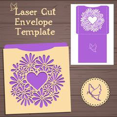 Lasercut vector wedding invitation template. Wedding invitation envelope with flowers for laser cutting. Lace gate folds.Laser cut vector.