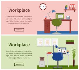 Horizontal banners of business theme. Design workspace or home workplace. Office interior in flat style with furniture and equipment. Vector.