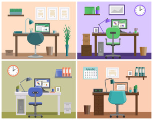 Workspace or workplace at home. Room design in flat style. Office interior with furniture and equipment. Set vector illustrations on business theme.