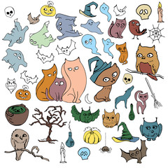 Halloween set with different animals isolated on white. Contour,color