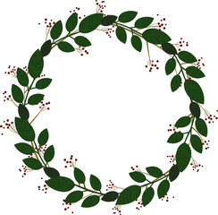 Wreath with graphic leaves and berries. Hand drawn vector illustration.  Nature background.