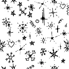 Seamless Christmas pattern with doodle festive snowflakes. Contour,black and white. Endless texture.