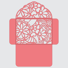 Lasercut vector wedding invitation template. Wedding invitation envelope with flowers for laser cutting. Lace gate folds.Laser cut vector.