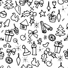 Obraz premium Seamless Christmas pattern with doodle festive symbols. Contour,black and white. Endless texture.