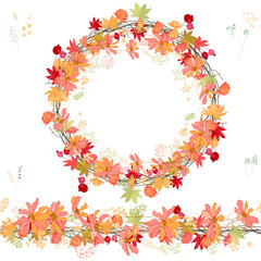 Round autumn wreath and horizontal border on white background.