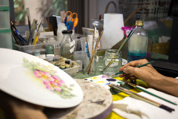 Selected focus paintbrushes and color on palette with paint tool