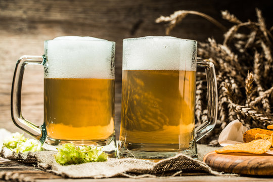 Two mugs of beer with potato chips, with hops, wheat