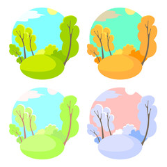 Set of bright flat vector natural backgrounds. Four seasons in nature - summer, winter, fall, spring. City park or vacation woods at 4 times the year